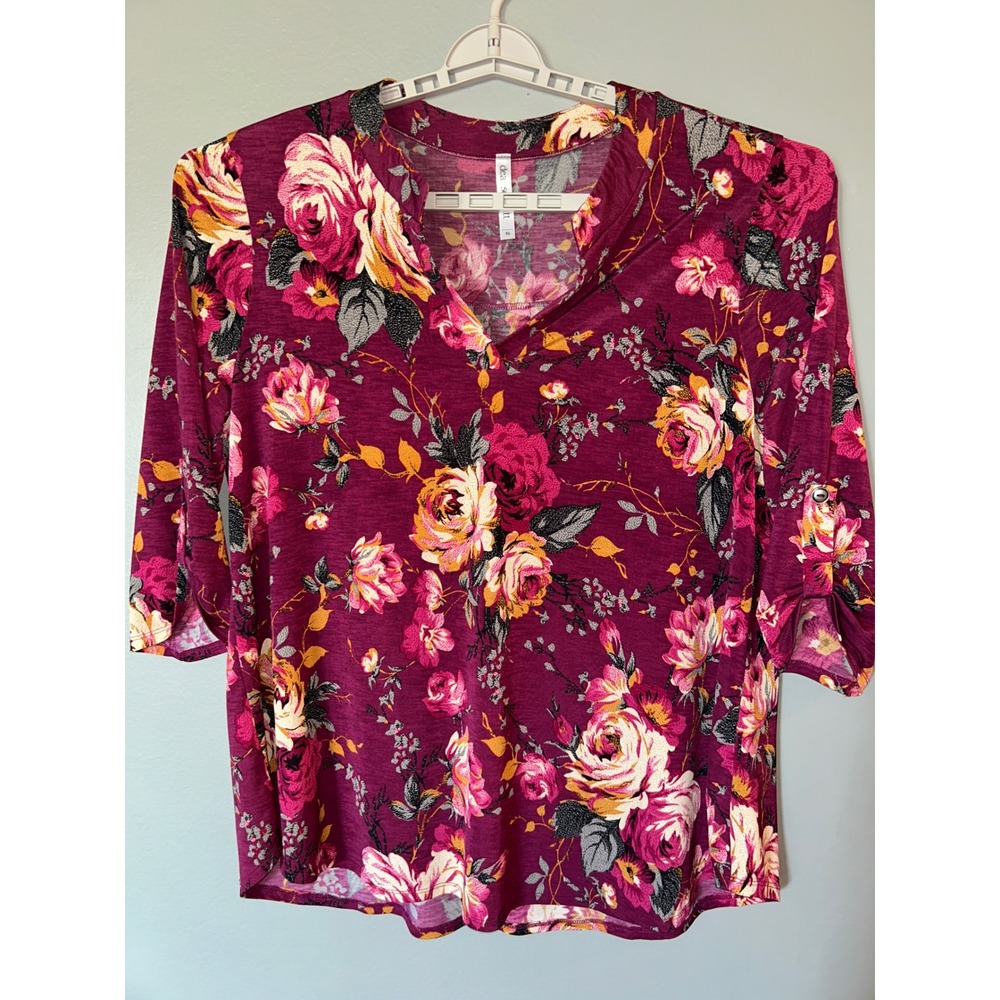 Dear Scarlett Floral Tunic Women Size XL Boho Cottagecore Roll Tab Sleeve Top
